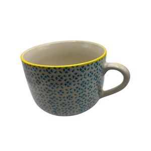 World Market Ceramic Mug Blue Geometric Pattern Yellow Rim